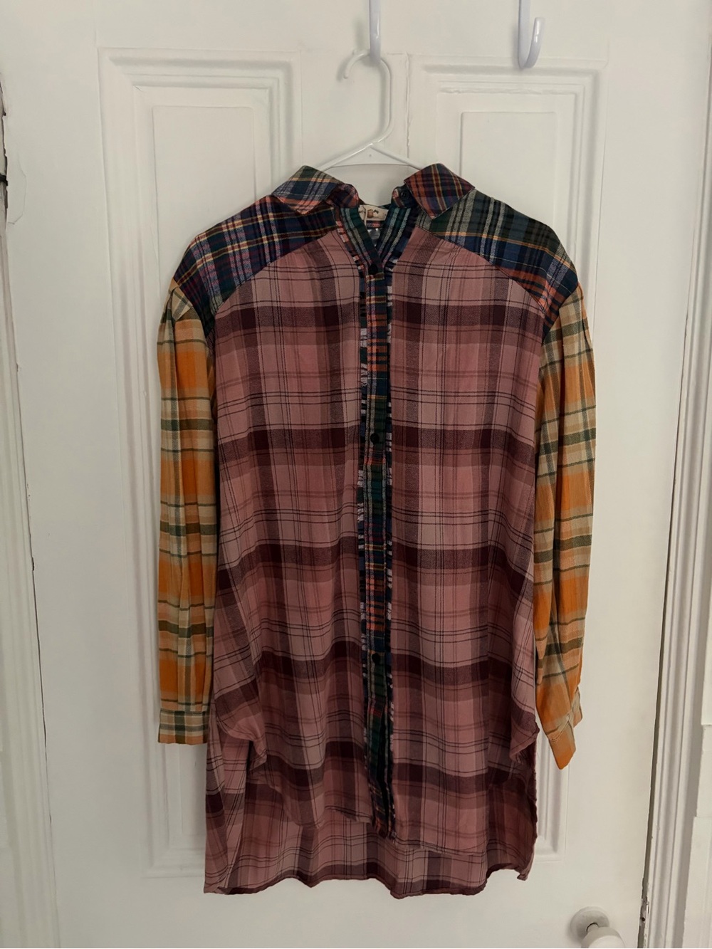 NATURAL LIFE Mixed Plaid Long-Sleeve Shirt Dress in Pink, Orange & Green